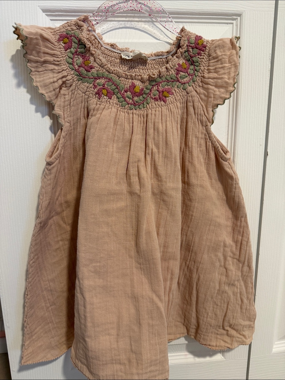 Embroidered Peach Flutter-Sleeve Girls Dress